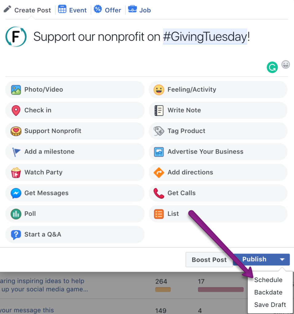 schedule your #GivingTuesday social media posts on Facebook