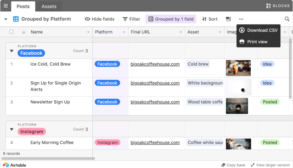Airtable base that lets you plan your social media content before scheduling.