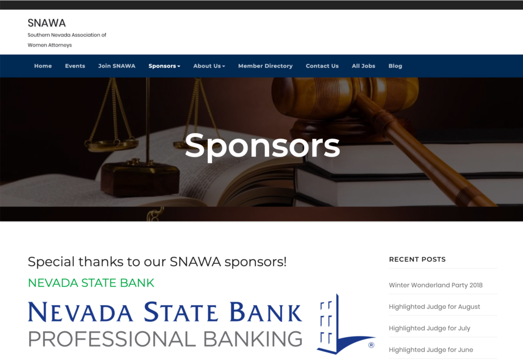 Southern Nevada Association of Women Attorneys display their corporate partners on their website, including Nevada State Bank.
